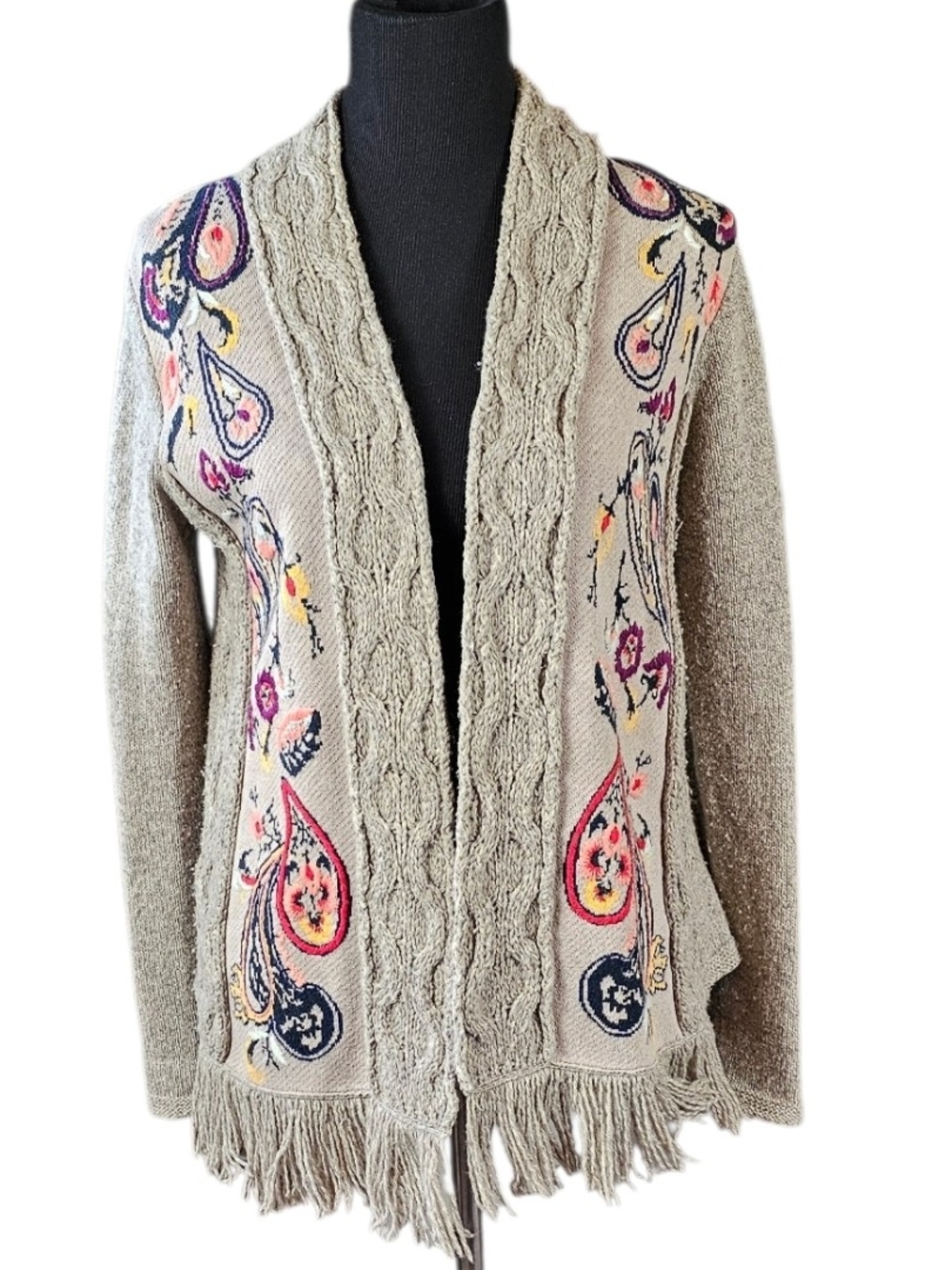 Sleeping On Snow Paisley Fringe Cardigan XS Boho Cable Knit Anthropologie